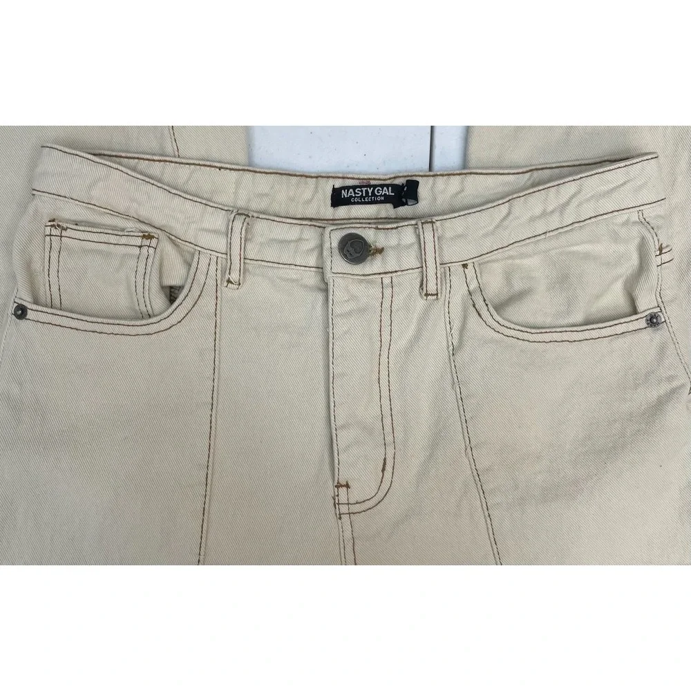 Nasty Gal High Waist Straight Leg Pants Womens 6 Beige Front Seam Split Hem Read